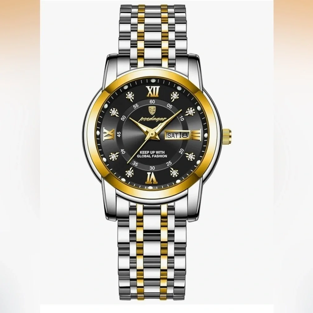 POEDAGAR Men's Watch Date Week Waterproof Luminous Quartz Stainless Steel Black